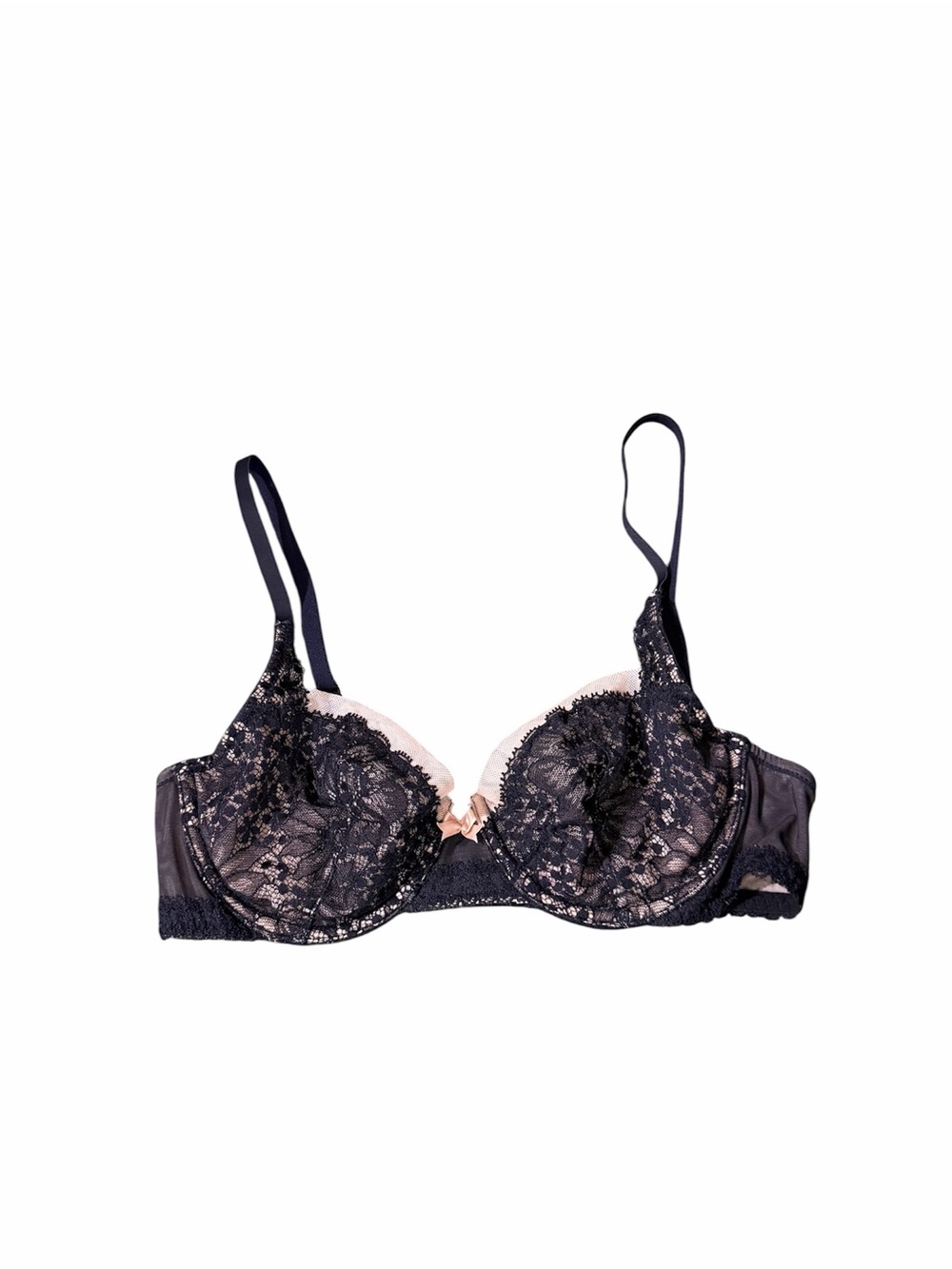 Victoria’s Secret Unlined Demi Bra 32C Black Lace Nude Sheer Underwire